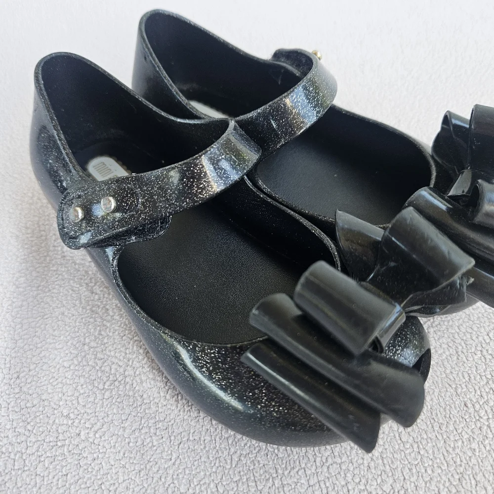 Mini Melissa Ultragirl Black Sparkle Bow Mary Jane Jelly Flats SZ 8 Hook & Loop